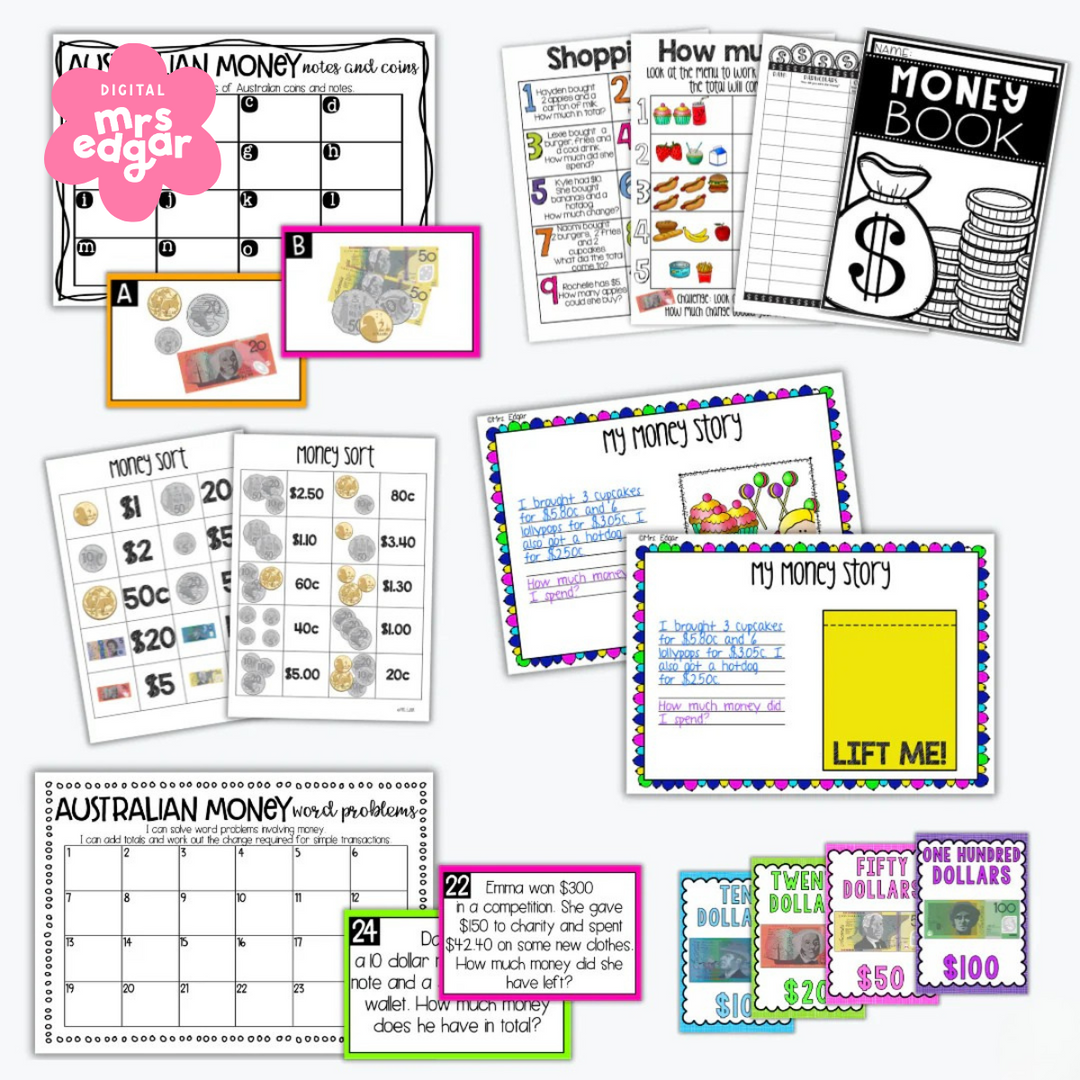 A compilation of Australian money-themed educational resources, including sorting activities, word problems, and counting practice.