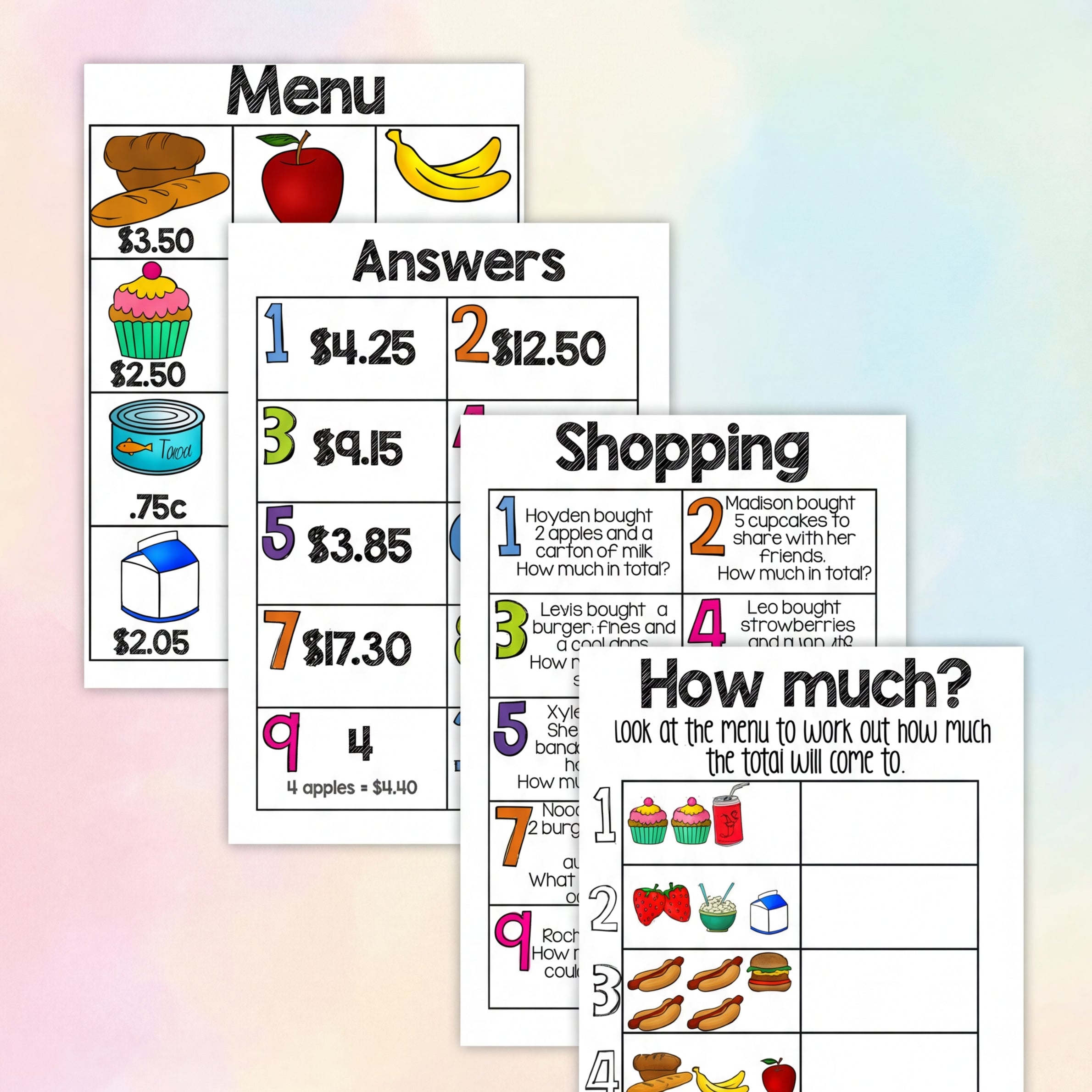 Colourful worksheets with illustrated food items and prices, designed for students to calculate total costs and change.