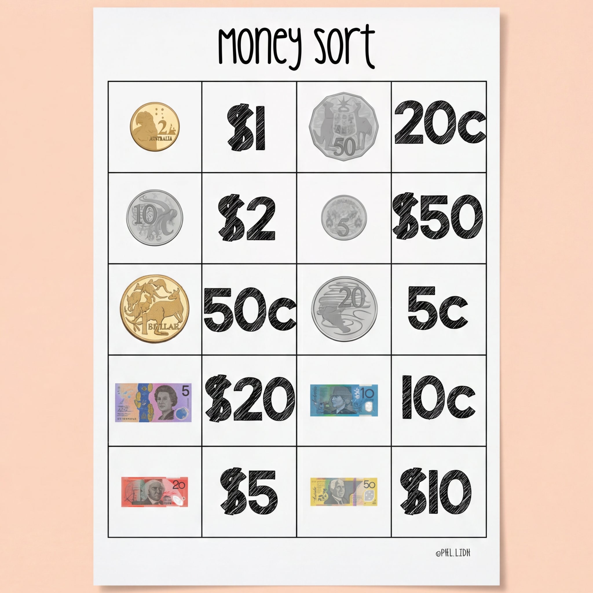 Three printable worksheets featuring images of Australian coins and banknotes for students to match and sort by value.
