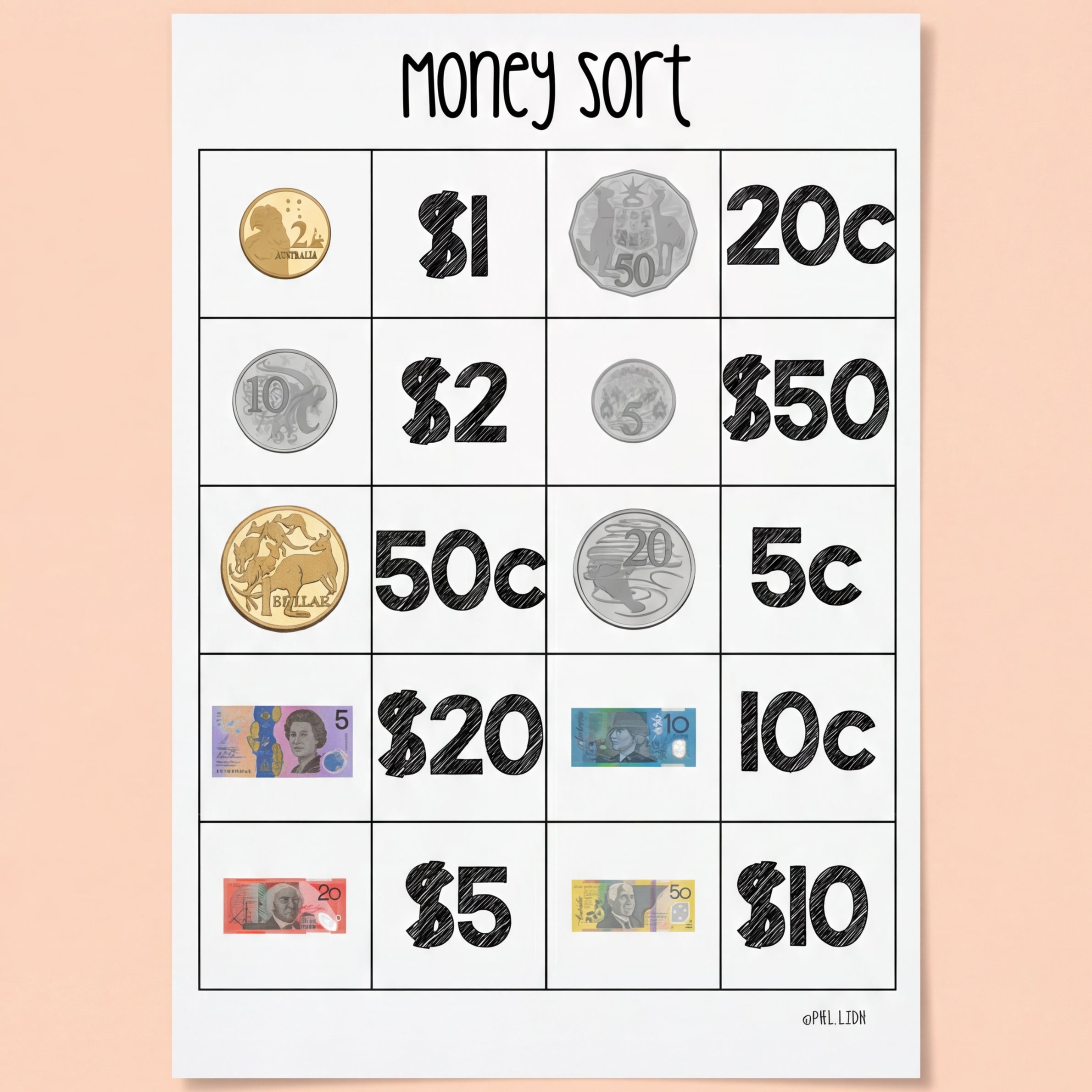 Three printable worksheets featuring images of Australian coins and banknotes for students to match and sort by value.