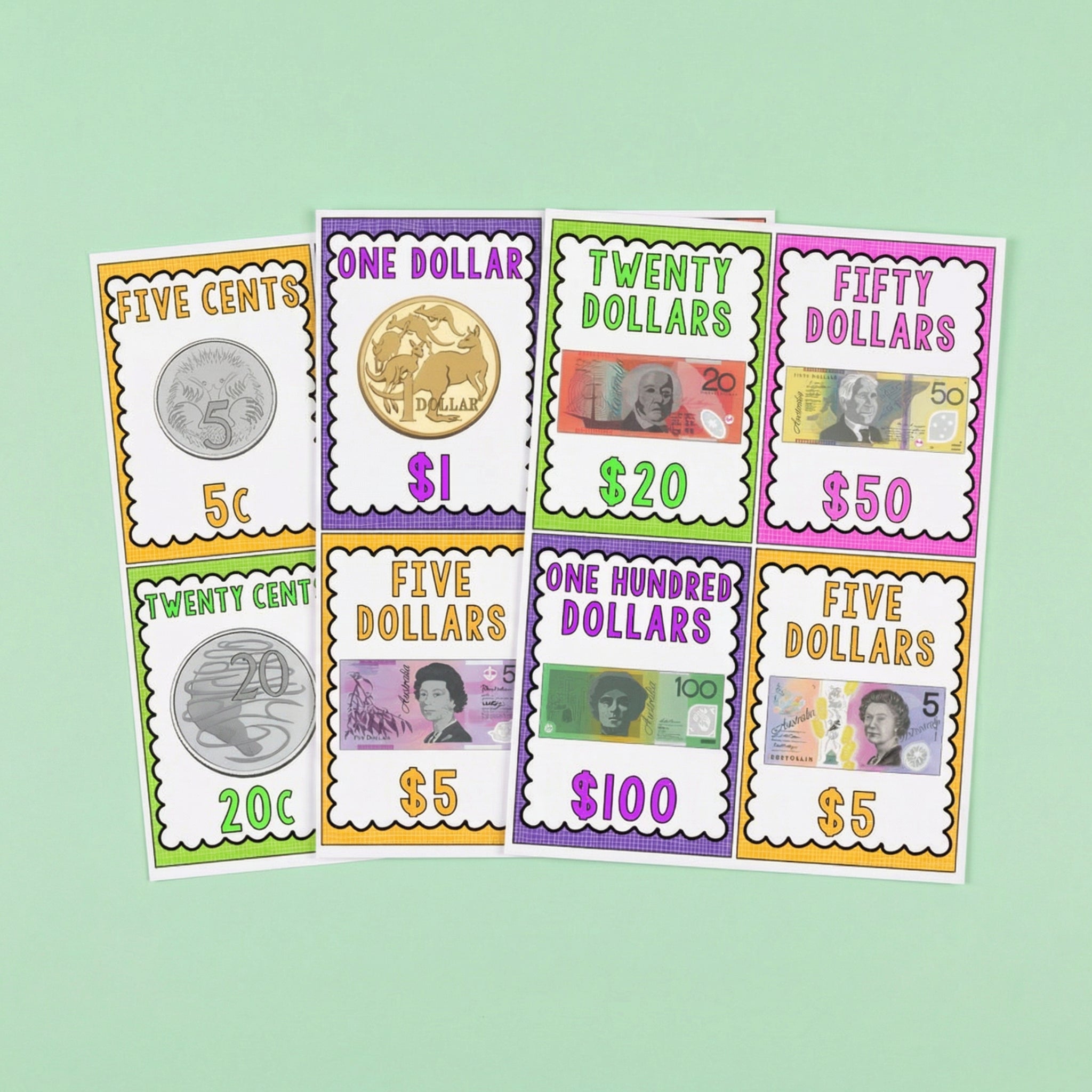 A set of colourful educational cards featuring Australian coins and banknotes, labeled with their values.