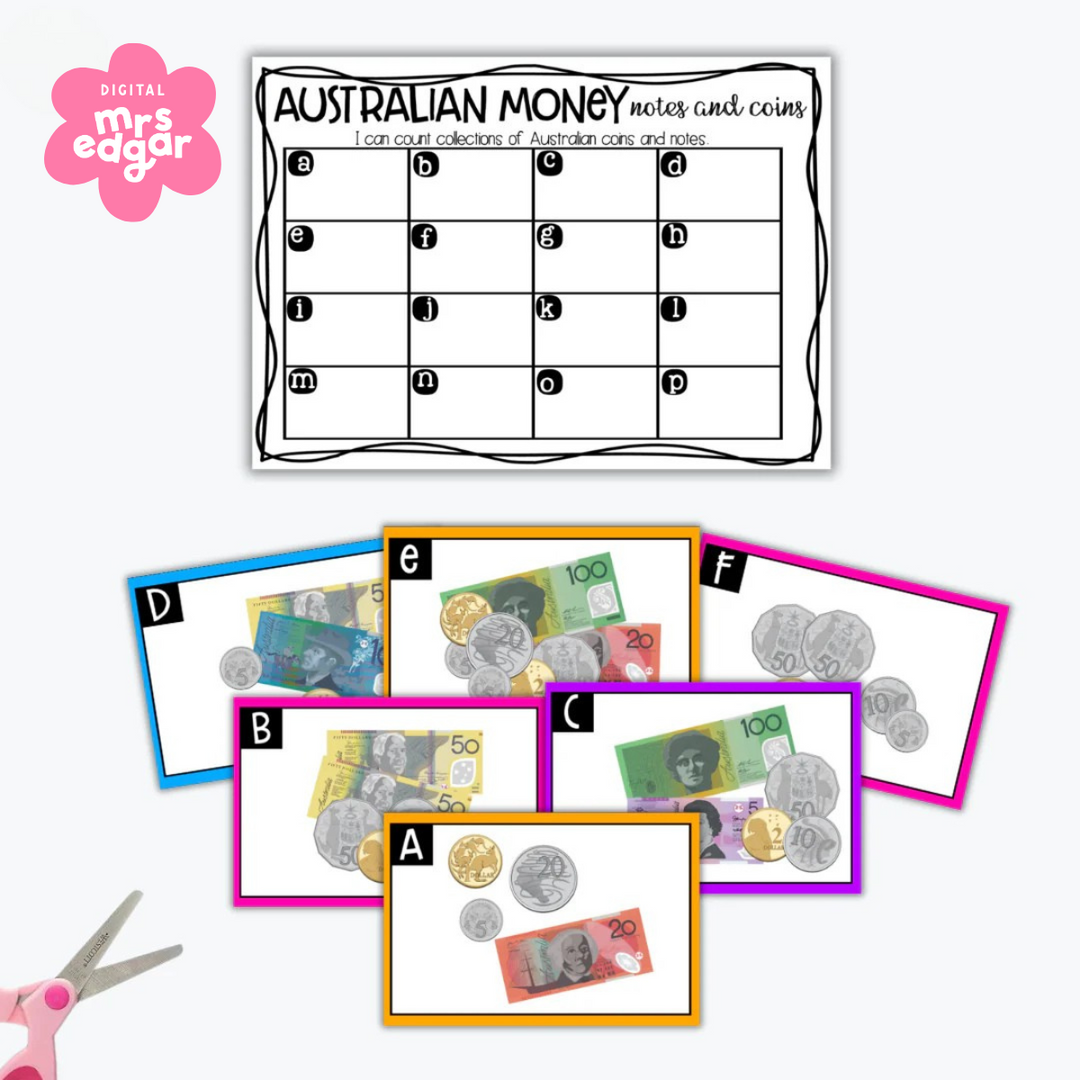 Educational worksheet activity featuring a blank "Australian Money: Notes and Coins" grid labeled with letters A to P, and colourful cards with images of Australian banknotes and coins labeled A to F for students to match and calculate values.