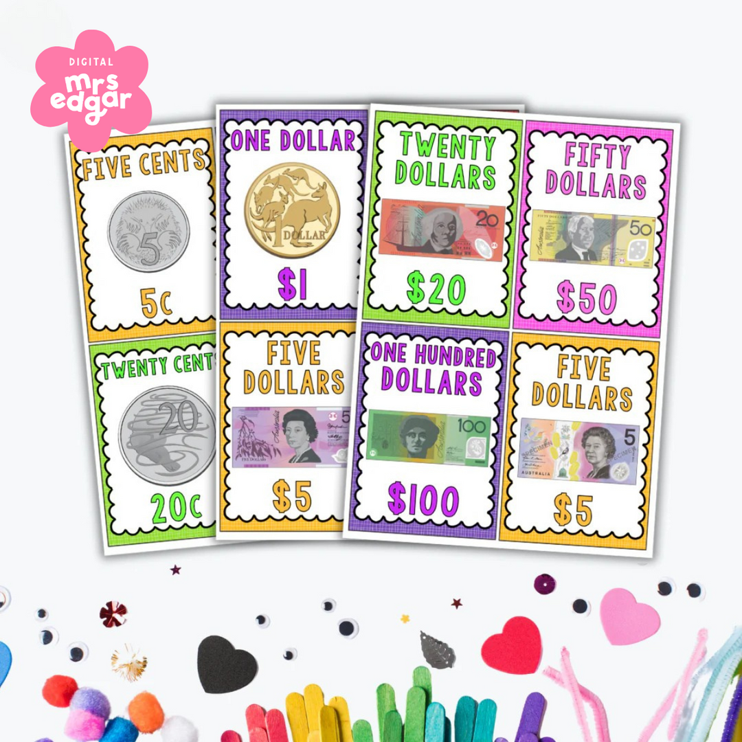 A fan display of Australian currency posters, each showcasing different denominations with images of coins and banknotes. The posters have vibrant colours and decorative borders, making them visually engaging for students learning about money. The background includes scattered craft materials like pom-poms and heart-shaped cutouts.