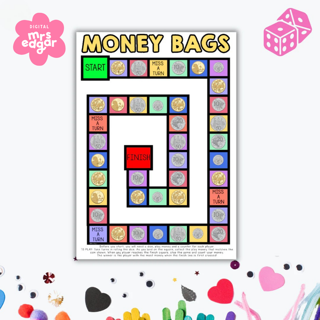 Money Bags board game with a vibrant design showcasing Australian coins, 'Miss a Turn' spaces, and a winding path from 'Start' to 'Finish.' Includes instructions for engaging students in coin counting and money skills.