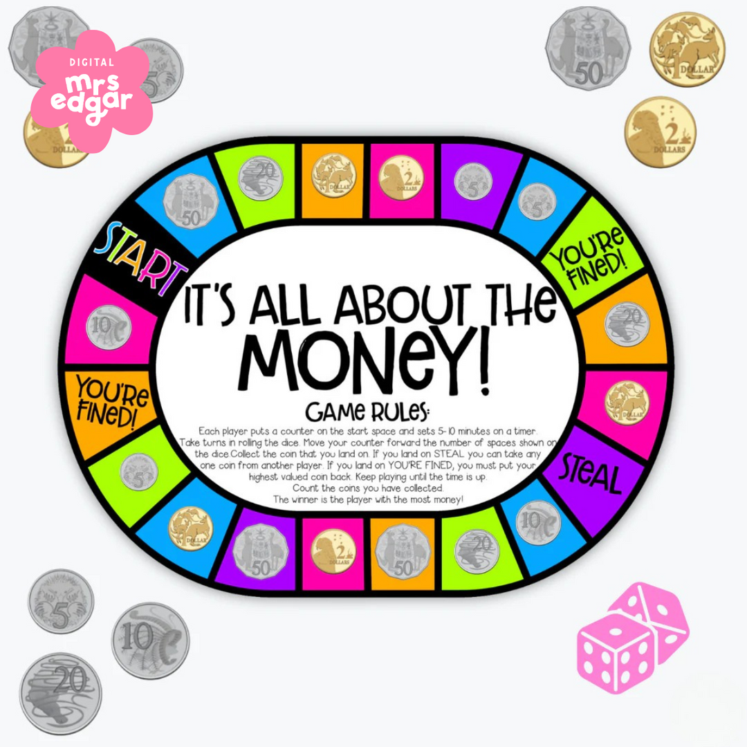 Colourful board game titled "It's All About the Money!" featuring Australian coin spaces and playful instructions. Includes sections labelled "Start," "You're Fined!" and "Steal" for interactive play.