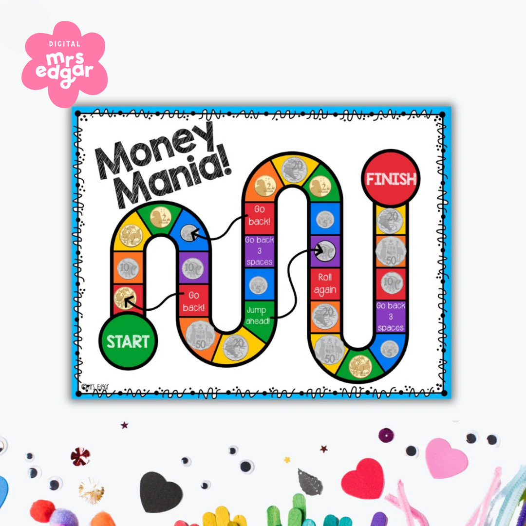 A colourful board game titled 'Money Mania!' featuring a winding path with spaces showing Australian coins and instructions like 'Go back,' 'Jump ahead,' and 'Roll again.' The game starts at a green circle labeled 'Start' and ends at a red circle labeled 'Finish.'