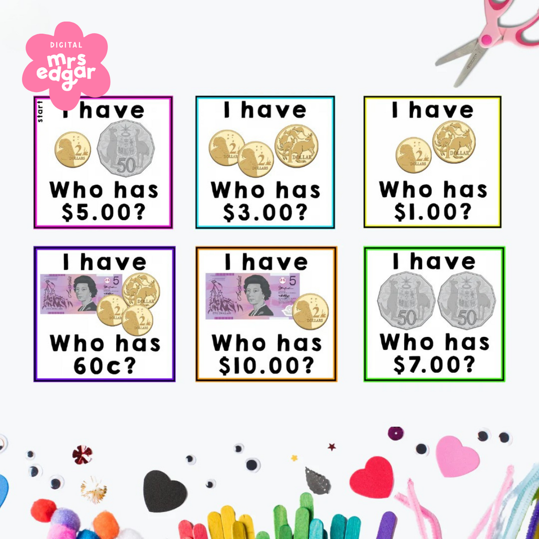 Six colourful task cards from the 'I Have, Who Has?' Australian Money Math Game, featuring coins and notes with different monetary values. Decorative elements are visible at the bottom for a creative classroom touch.
