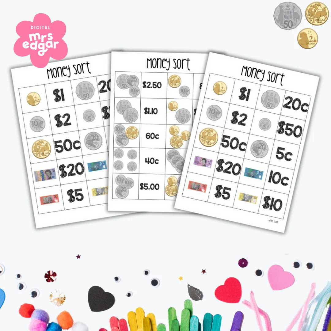 Three printable money sorting activity sheets featuring Australian coins and banknotes. Each sheet includes various denominations with corresponding images of currency for sorting practice.
