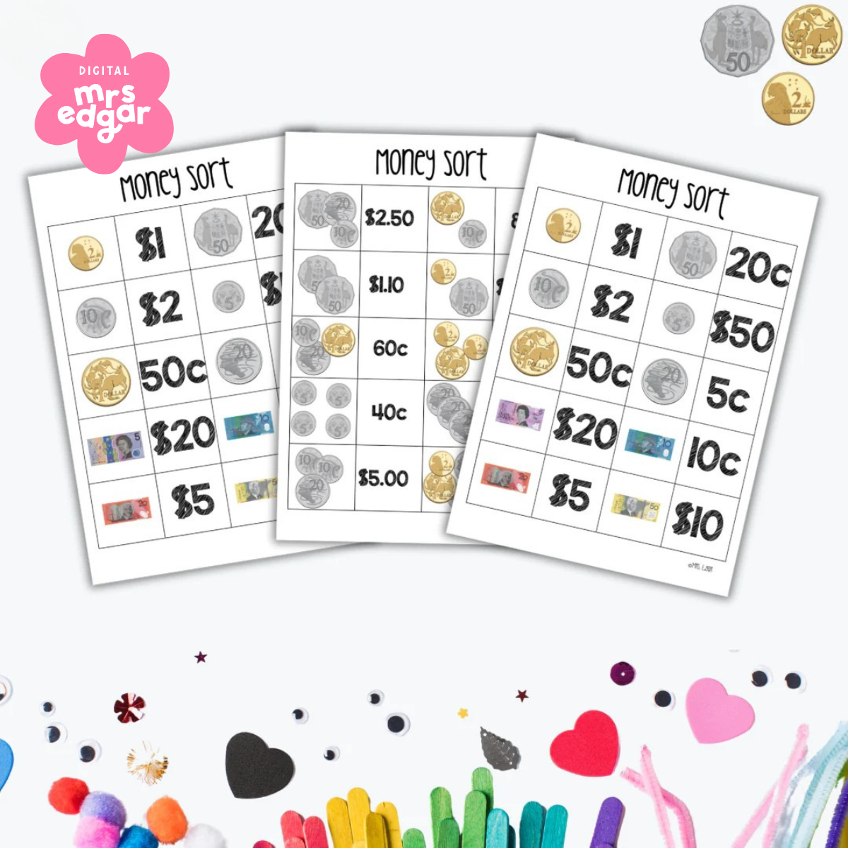 Three printable money sorting activity sheets featuring Australian coins and banknotes. Each sheet includes various denominations with corresponding images of currency for sorting practice.