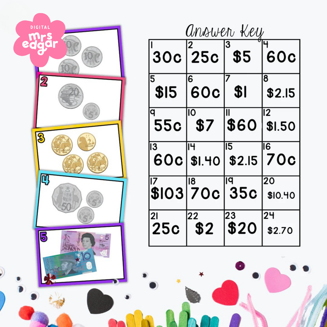 Australian Money Task Cards showcasing colourful designs with different coin values, including 10-cent coins, and an answer key grid featuring the total value of coins and notes.