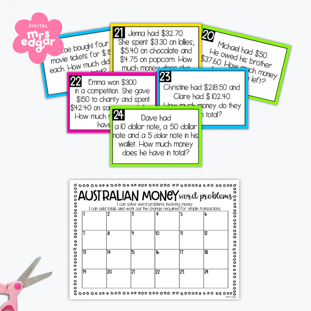 A set of task cards for Australian money word problems, numbered 19 to 24, with real-life scenarios requiring addition and subtraction of monetary values. The bottom section features a recording sheet titled 'Australian Money Word Problems,' with spaces to match answers for all 24 tasks.