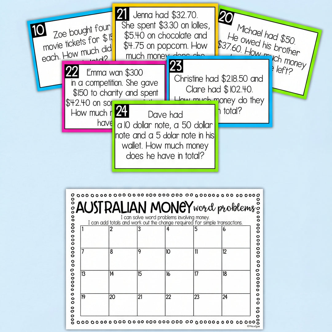 A set of task cards for Australian money word problems, numbered 19 to 24, with real-life scenarios requiring addition and subtraction of monetary values. The bottom section features a recording sheet titled 'Australian Money Word Problems,' with spaces to match answers for all 24 tasks.