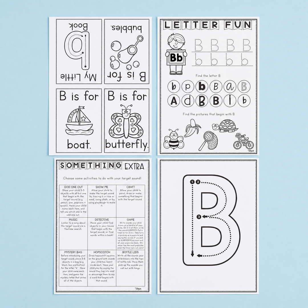 Letter B phonics and handwriting printables featuring tracing practice, beginning sound activities, mini books, vocabulary cards, and extension worksheets with words like boat and butterfly. Ideal for preschool and early literacy learning.