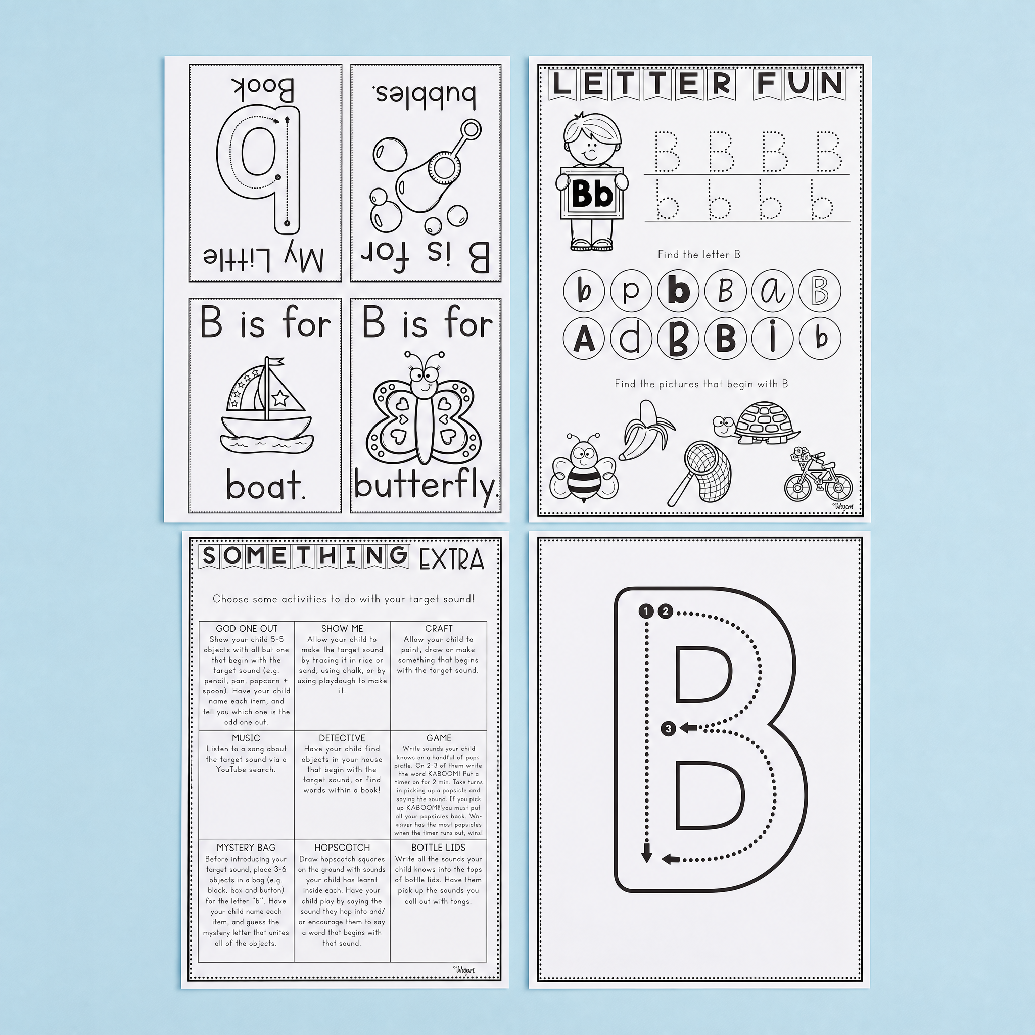 Letter B phonics and handwriting printables featuring tracing practice, beginning sound activities, mini books, vocabulary cards, and extension worksheets with words like boat and butterfly. Ideal for preschool and early literacy learning.