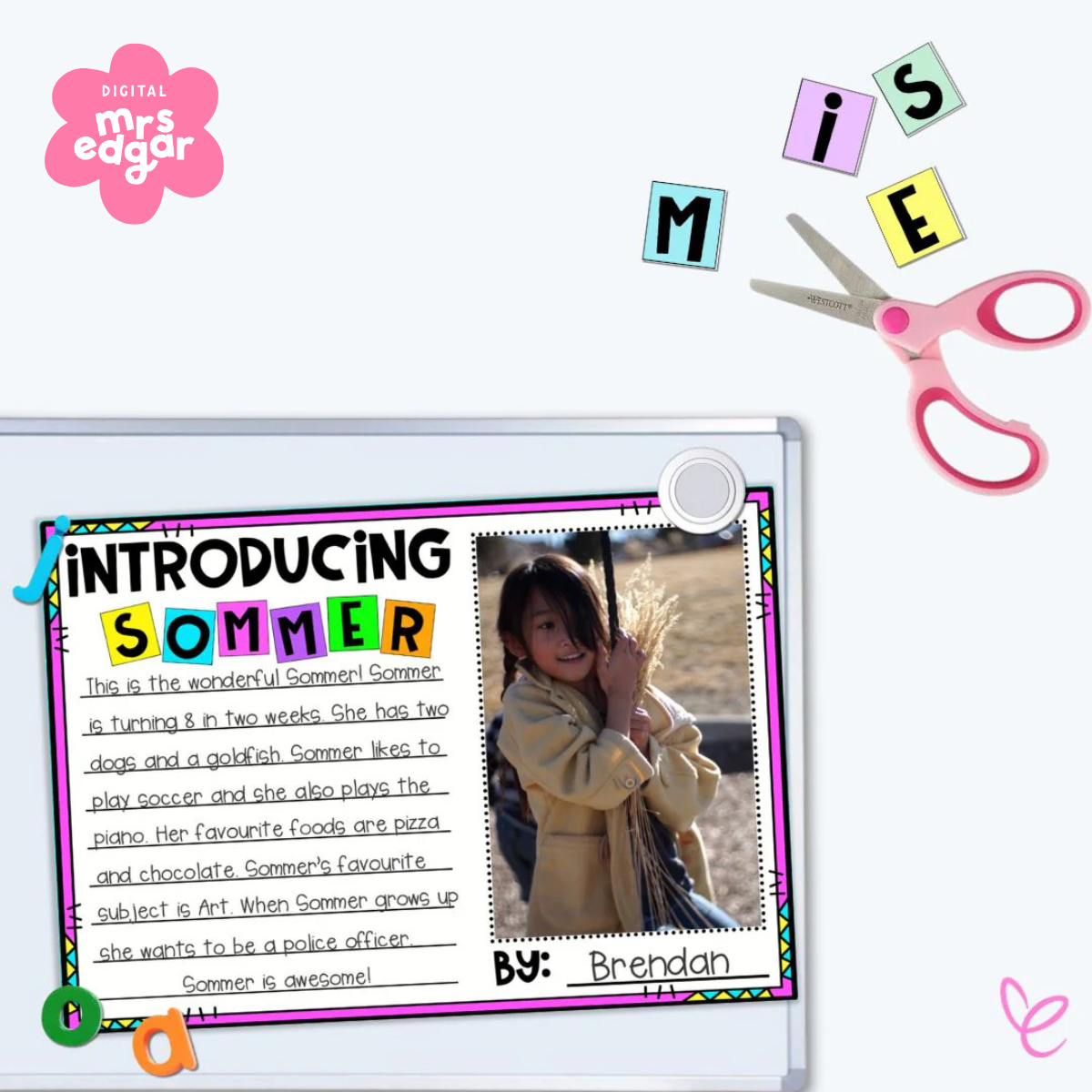 Classmate interview poster with spaces for names, photos, and answers, along with scissors and cuttable letters.