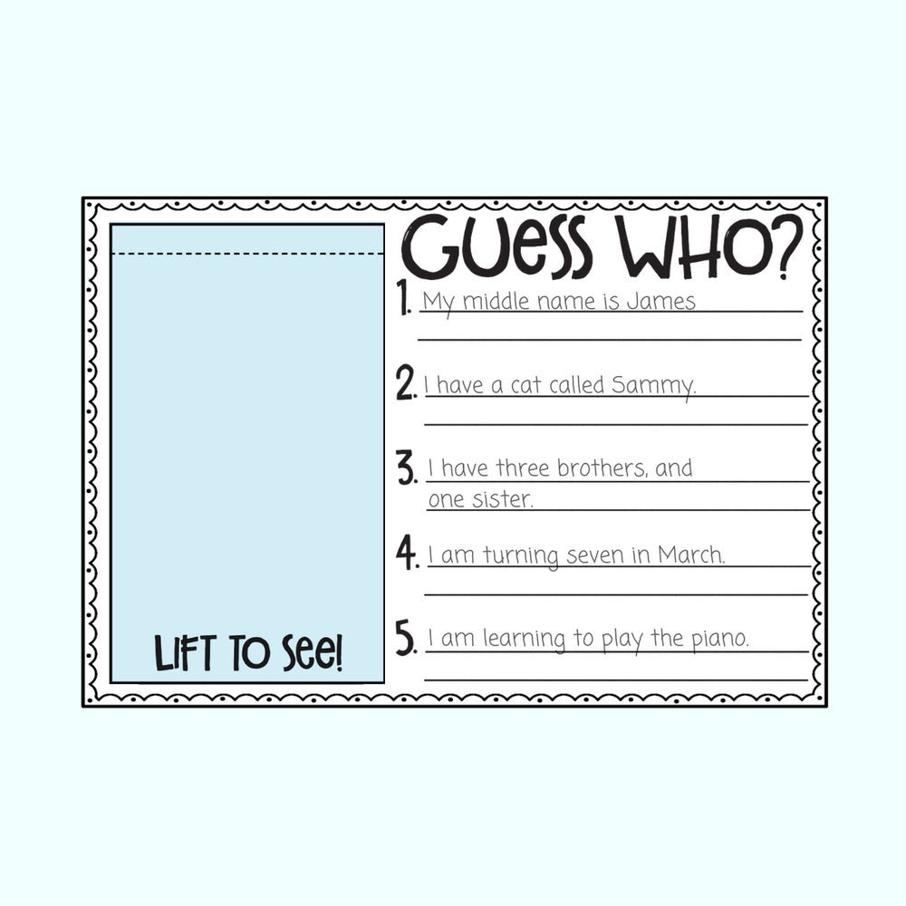Guess Who? game card with text answers on a white background