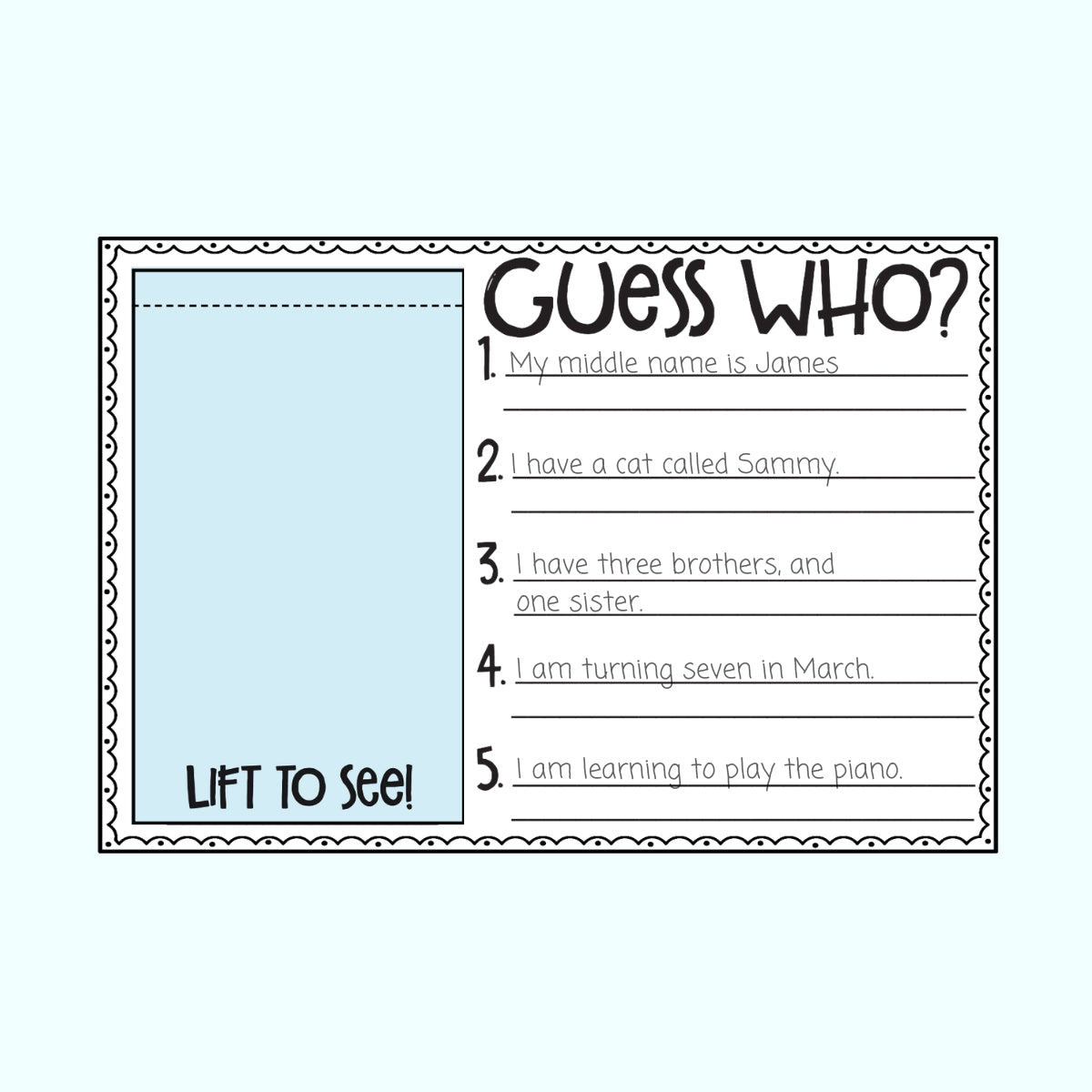 Guess Who? game card with text answers on a white background