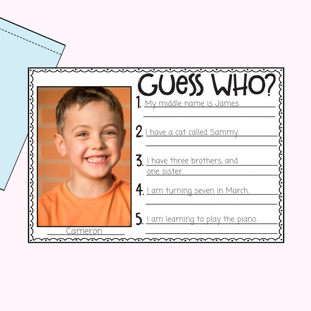 Back to School Guess Who template with photo space and lines for five clues on appearance, family, hobbies and favourites.