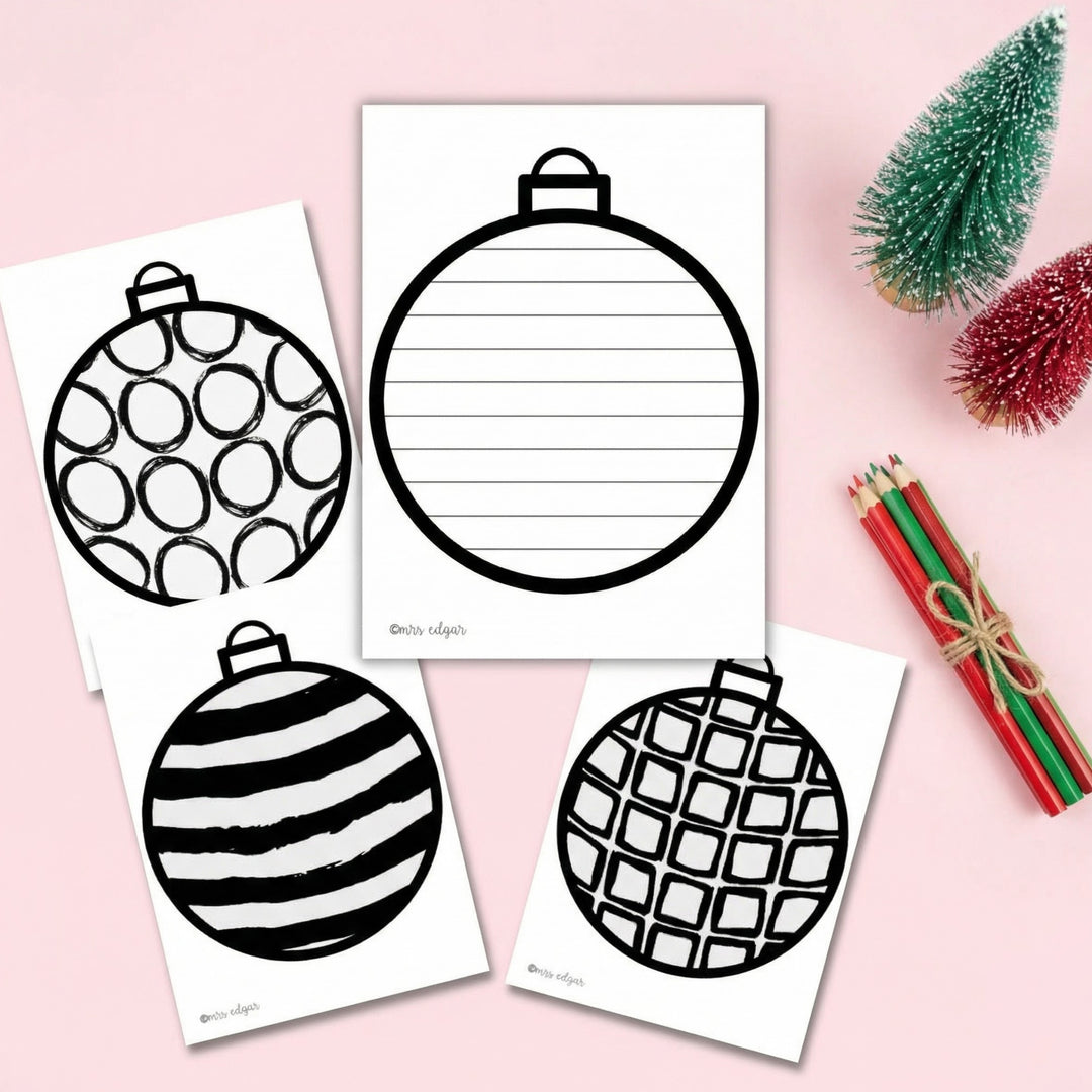 Set of printable Christmas bauble worksheets featuring different patterns and a lined writing template, styled on a pink background with small trees and coloured pencils.