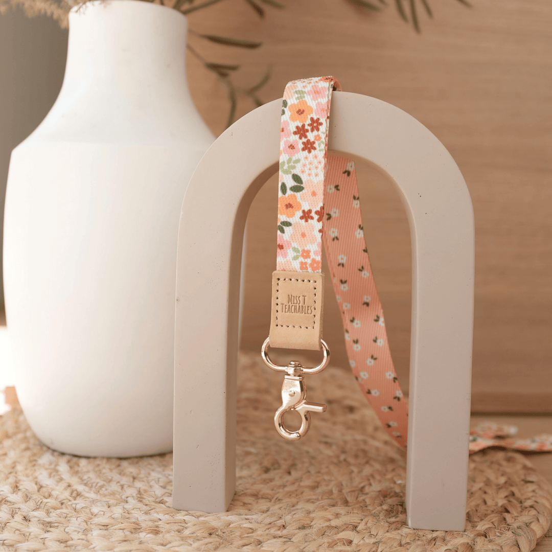 Boho Ditsy Floral reversible teacher lanyard, cream floral front with peach daisy reverse and gold clasp
