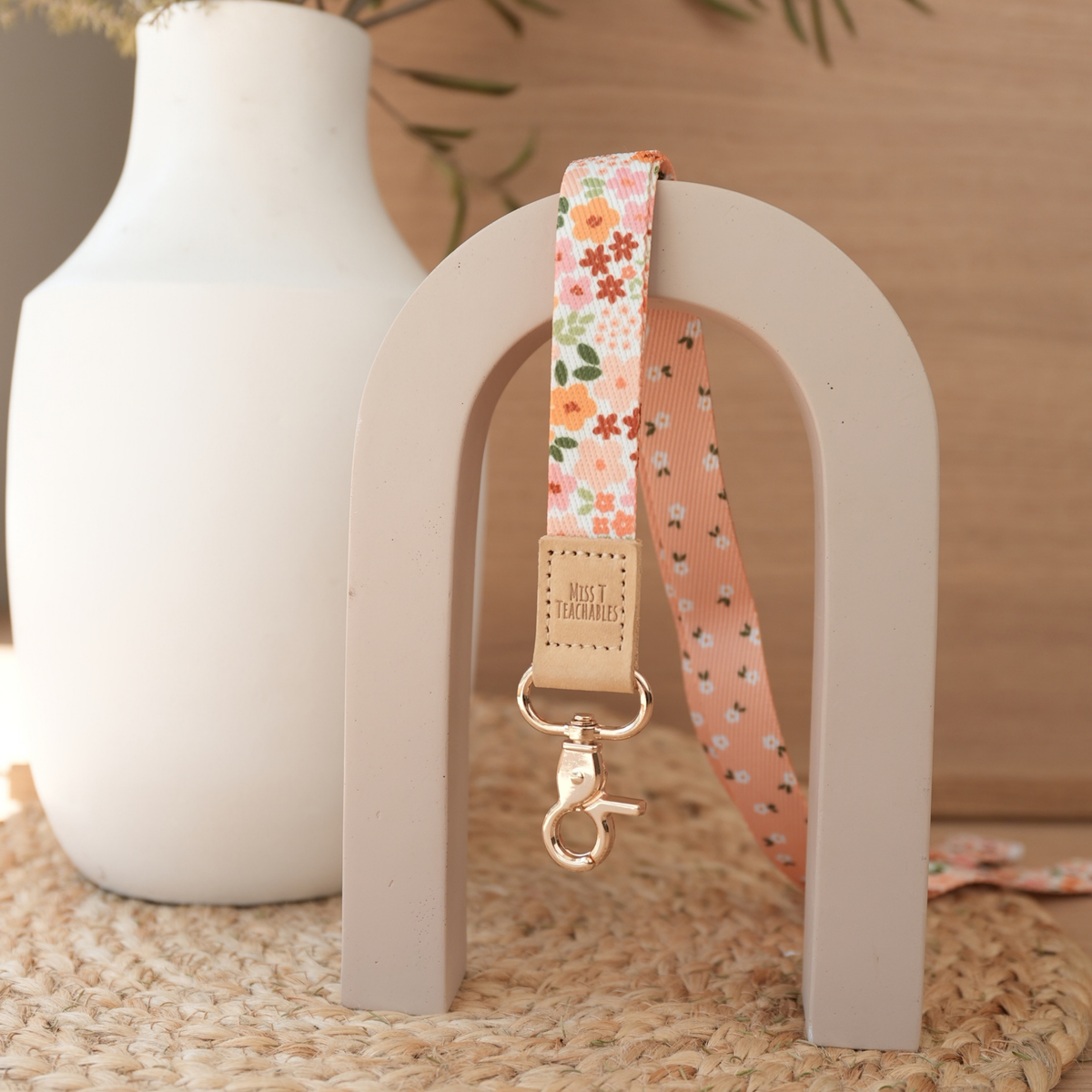Boho Ditsy Floral reversible teacher lanyard, cream floral front with peach daisy reverse and gold clasp