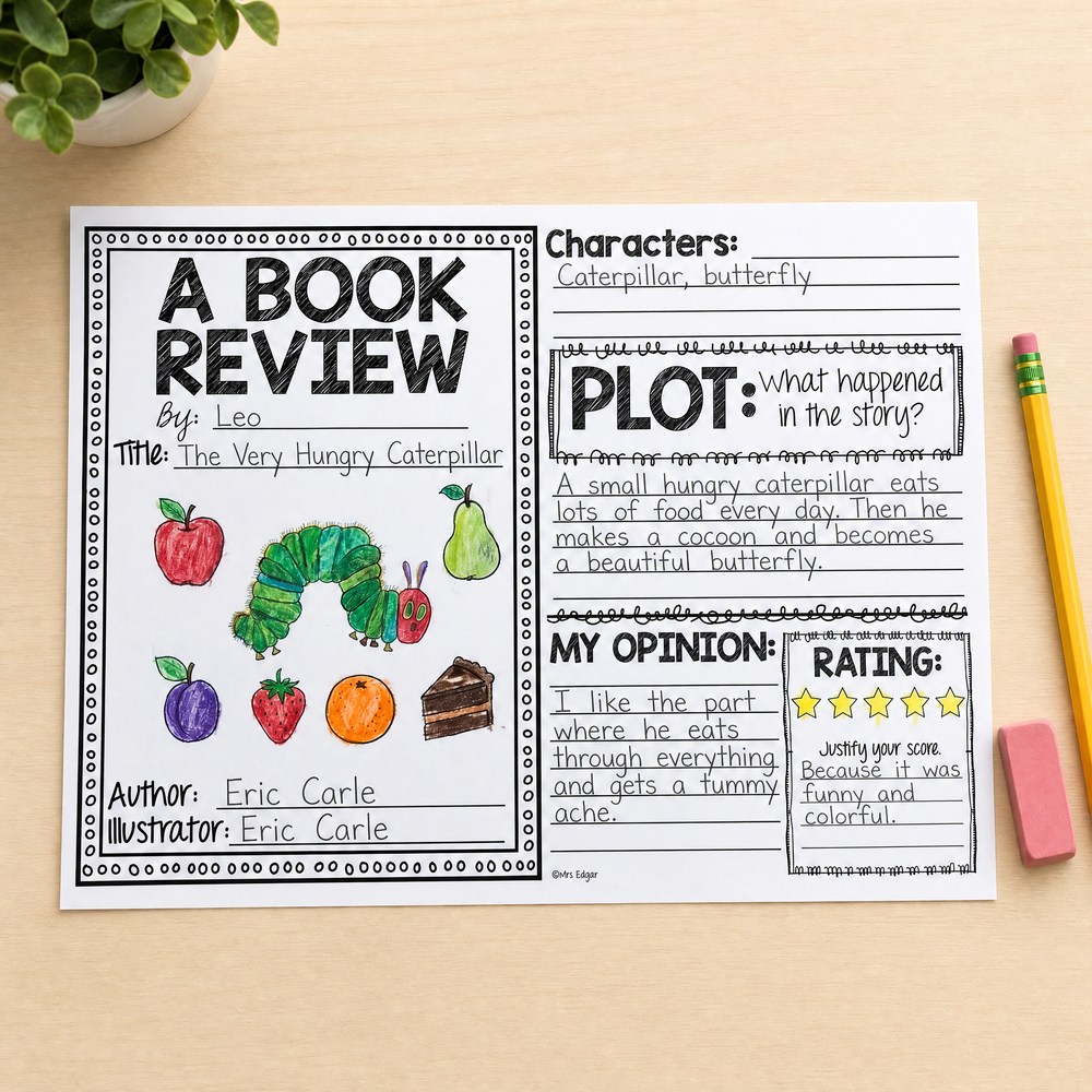 Completed Book Review for 'The Very Hungry Caterpillar' showing character names, plot summary, opinion section and 5-star rating.