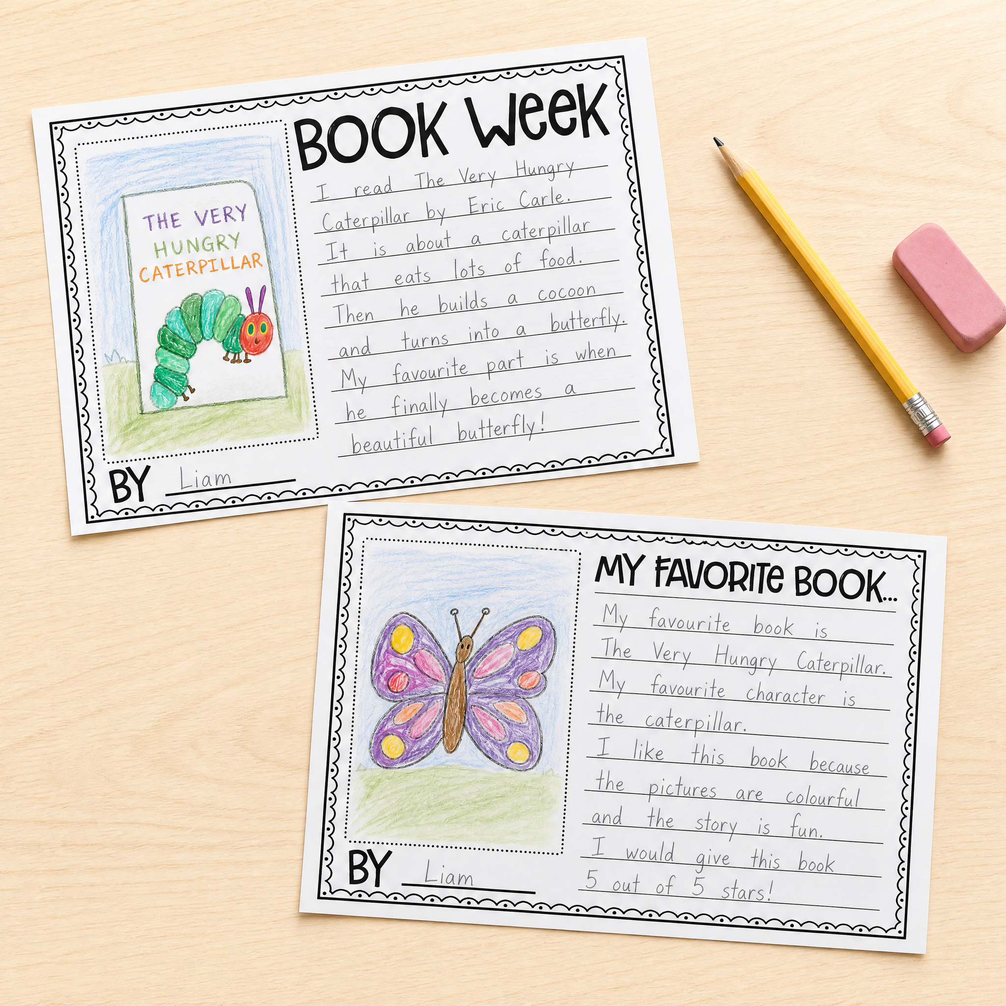 Two Book Week templates for 'The Very Hungry Caterpillar' with sections for reading details and favourite book information.