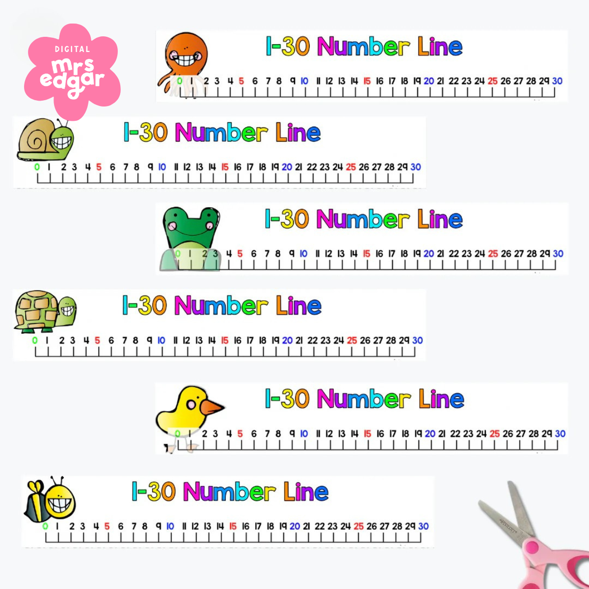 Bright and colourful 1-30 number lines in seven unique designs displayed on a white background with scissors, ready for classroom use.