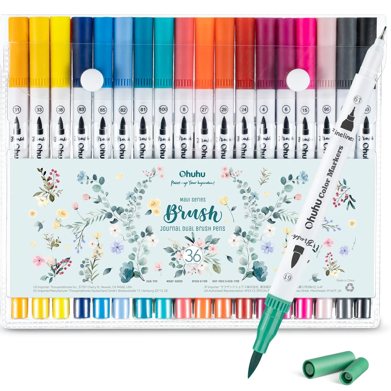 Set of 36 Ohuhu Maui Series dual brush pens in floral case with green pen displayed.