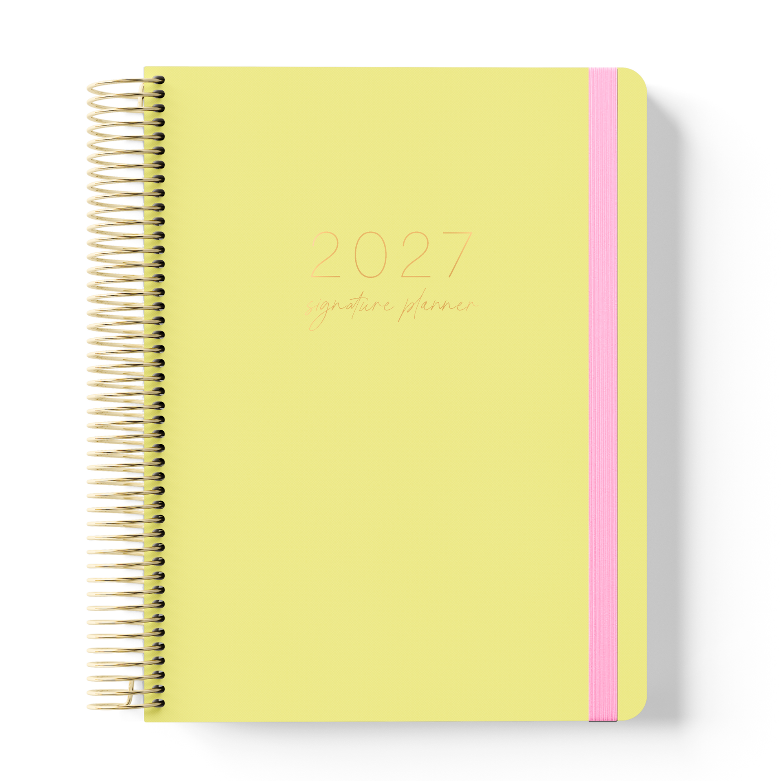 2027 Butter Weekly Teacher Planner with yellow cover, gold coil and pink elastic on a white background.