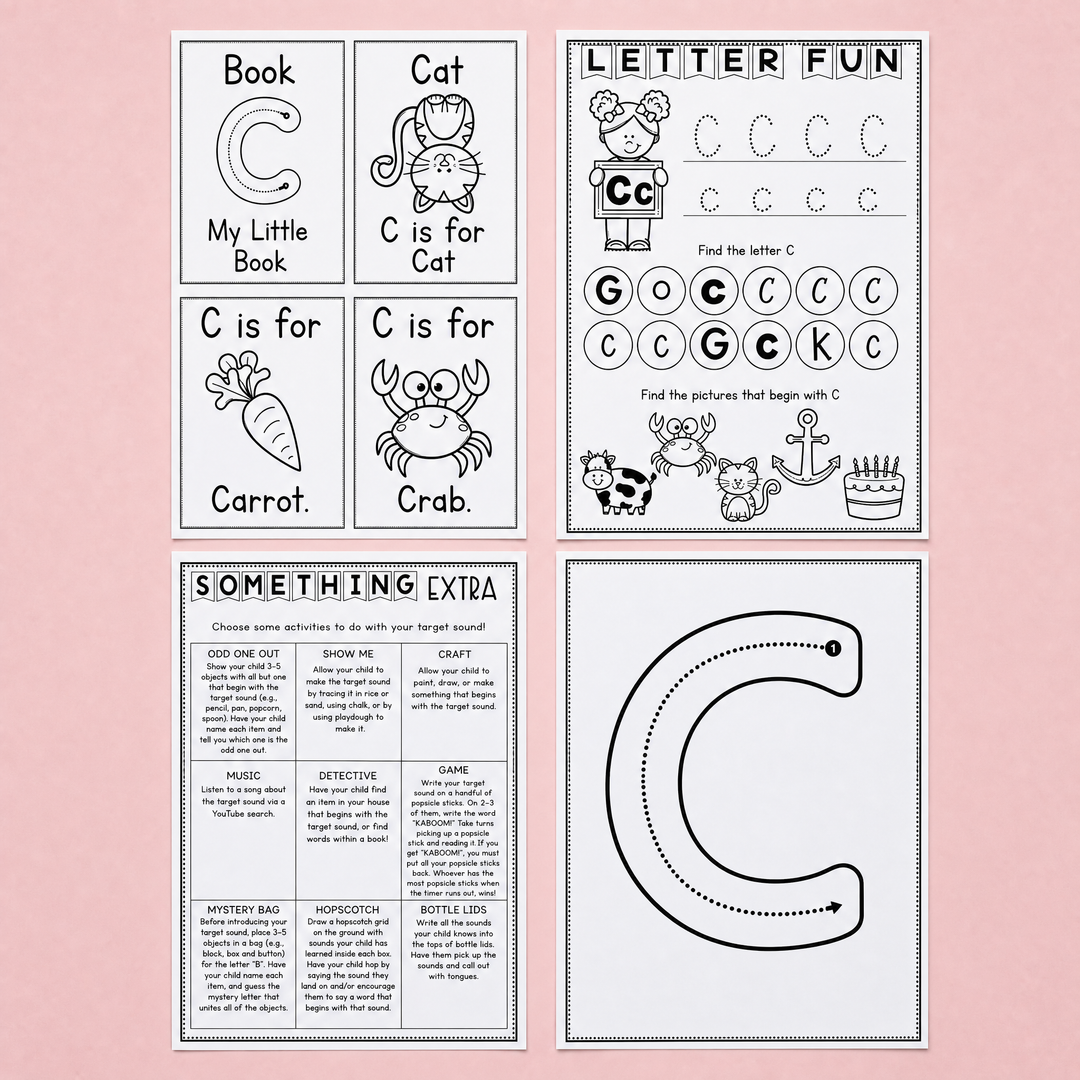 Letter C phonics and handwriting worksheets featuring tracing practice, beginning sound recognition, mini books, vocabulary cards, and extension activities with words like cat, carrot, and crab. Great for preschool and kindergarten literacy learning.