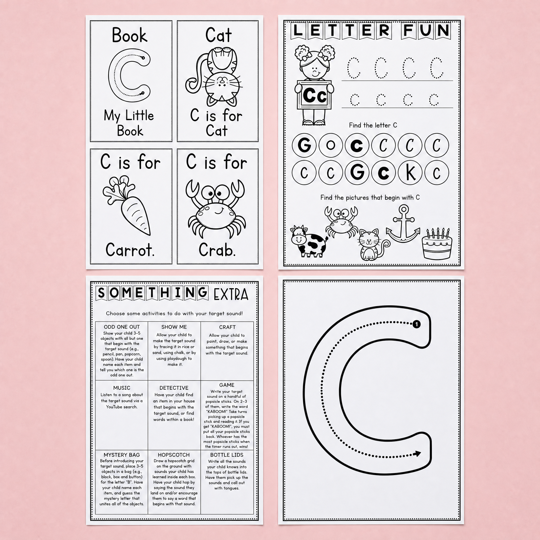 Letter C phonics and handwriting worksheets featuring tracing practice, beginning sound recognition, mini books, vocabulary cards, and extension activities with words like cat, carrot, and crab. Great for preschool and kindergarten literacy learning.