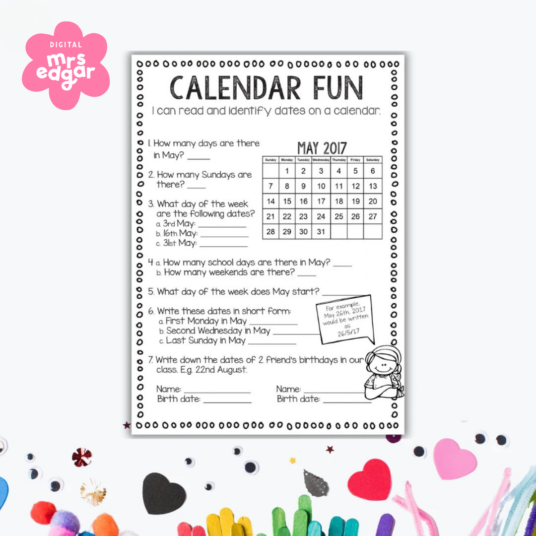 Calendar Fun worksheet featuring a May 2017 calendar and activities such as identifying days of the week, weekends, and writing dates in short form.