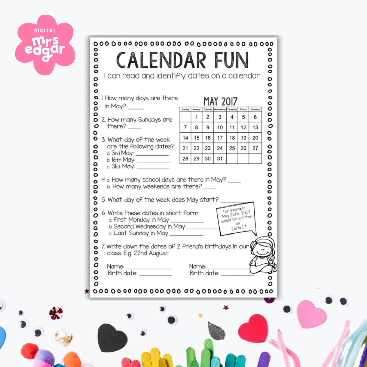 Calendar Fun Worksheet – Mrs Edgar