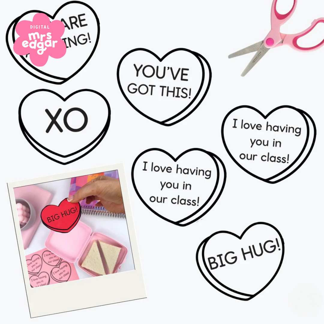 Hand holding a red heart-shaped note that says 'Big Hug!' near a pink lunchbox with a sandwich and candy hearts. Printable candy heart notes with motivational messages like 'You’ve got this!' displayed around.
