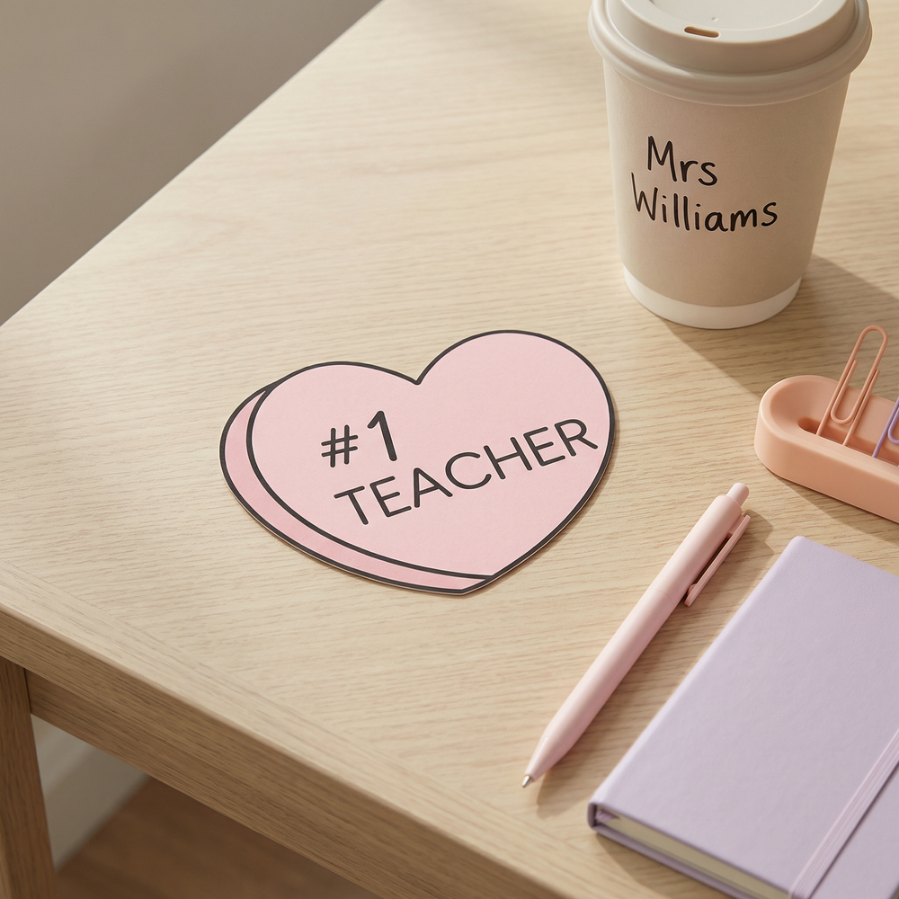Candy hearts digital download displayed on a teacher’s desk beside a takeaway coffee cup, styled with soft pastel tones and classroom stationery for a warm, organised workspace feel.
