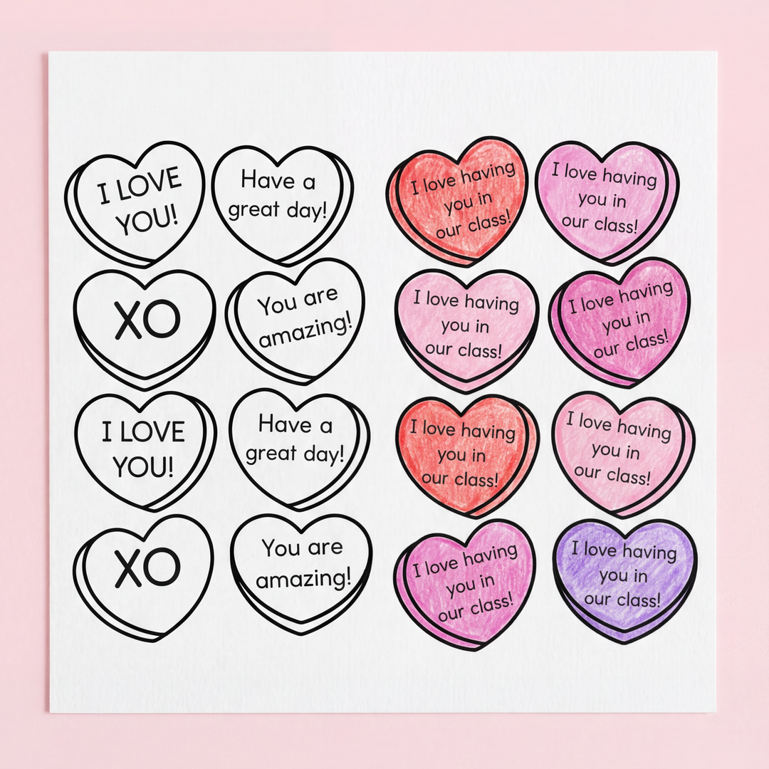 Hand holding a red heart-shaped note that says 'Big Hug!' near a pink lunchbox with a sandwich and candy hearts. Printable candy heart notes with motivational messages like 'You’ve got this!' displayed around.