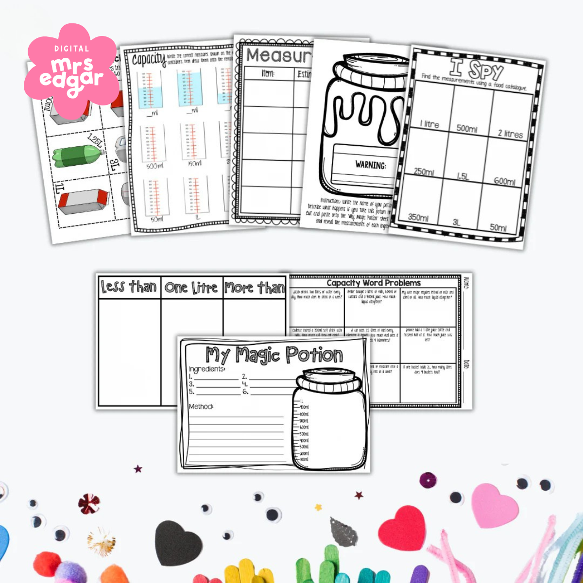 A black-and-white printable resource pack covering liquid measurement, including a capacity sorting chart, word problems, estimation charts, and a magic potion activity.