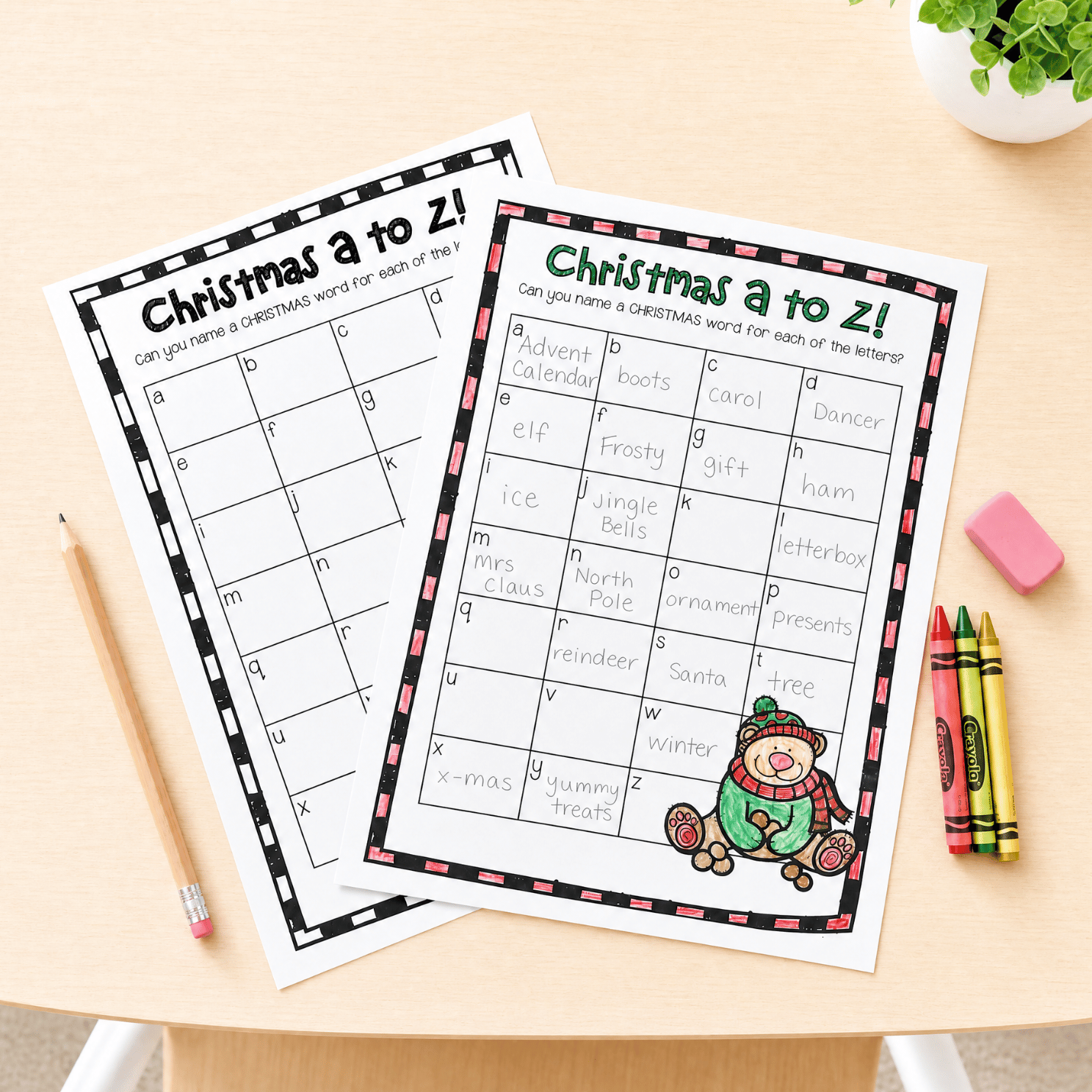 Blank and completed Christmas A to Z Challenge worksheets. Completed version shows Christmas vocabulary from Advent to Yummy treats.