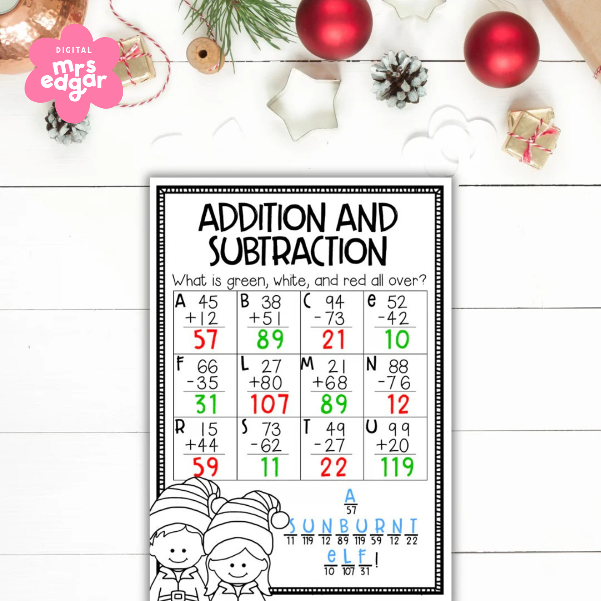 A photo of the subtraction and addition worksheet completed with red and green writing, displayed on a table with other Christmas decorations. 