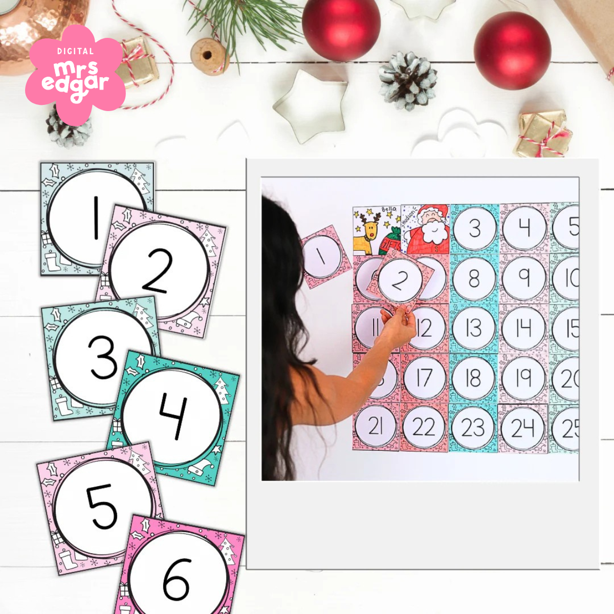Completed digital Christmas Advent Calendar on the right and individual numbers on the left, placed on a white desk with surrounding Christmas decorations