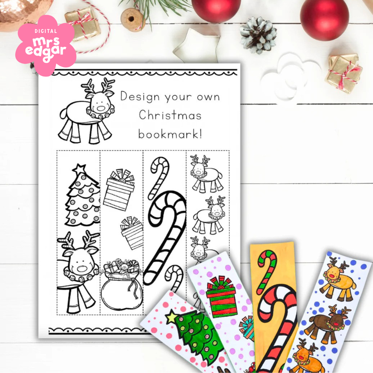 Christmas card with four blank cuttable bookmarks, meant for students to create their own colourful designs. Surrounded by Christmas decorations.