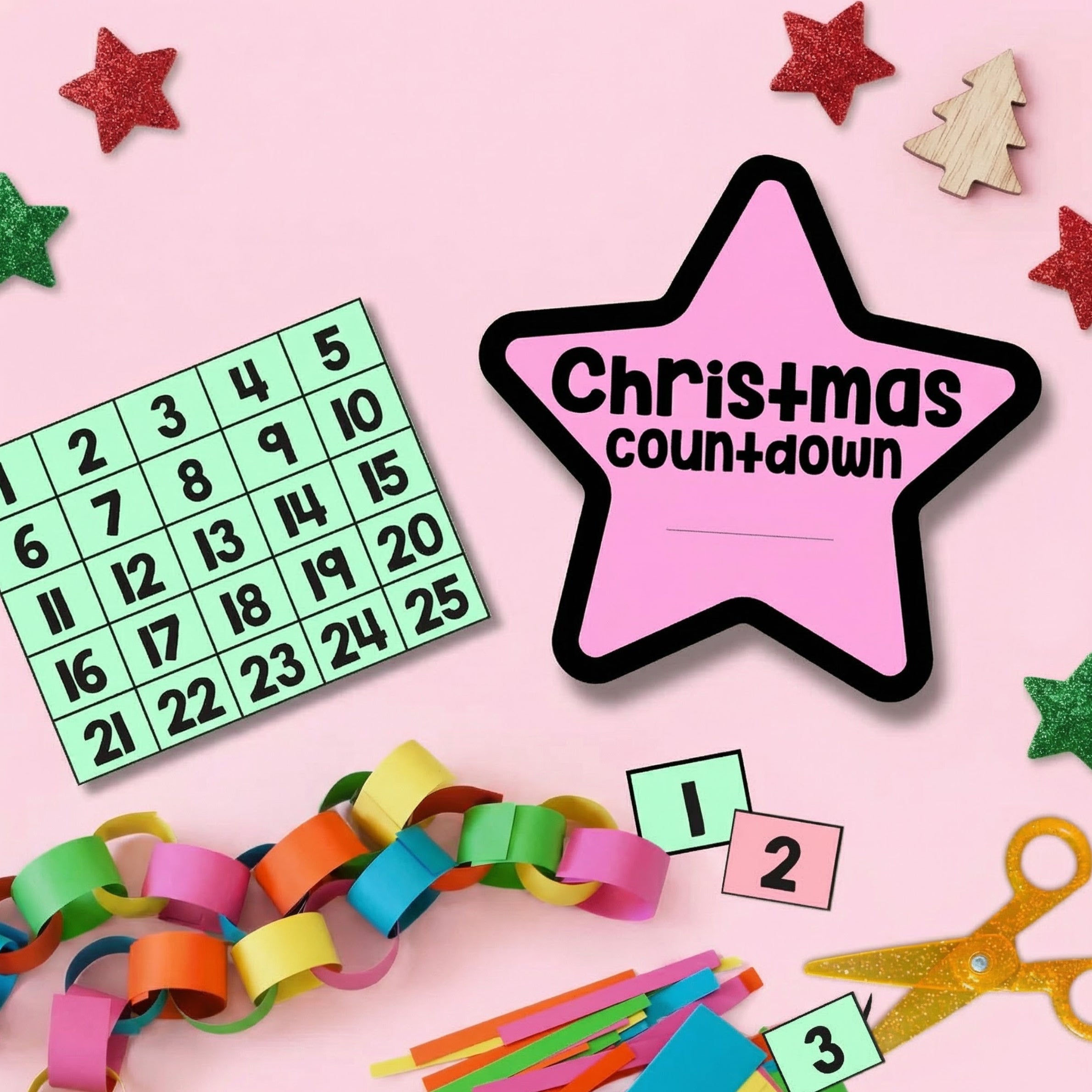 Printable Christmas countdown activity featuring a star-shaped “Christmas Countdown” sign and numbered cards from 1–25. The display is styled with colourful paper chains, scissors, and craft supplies on a pink background.