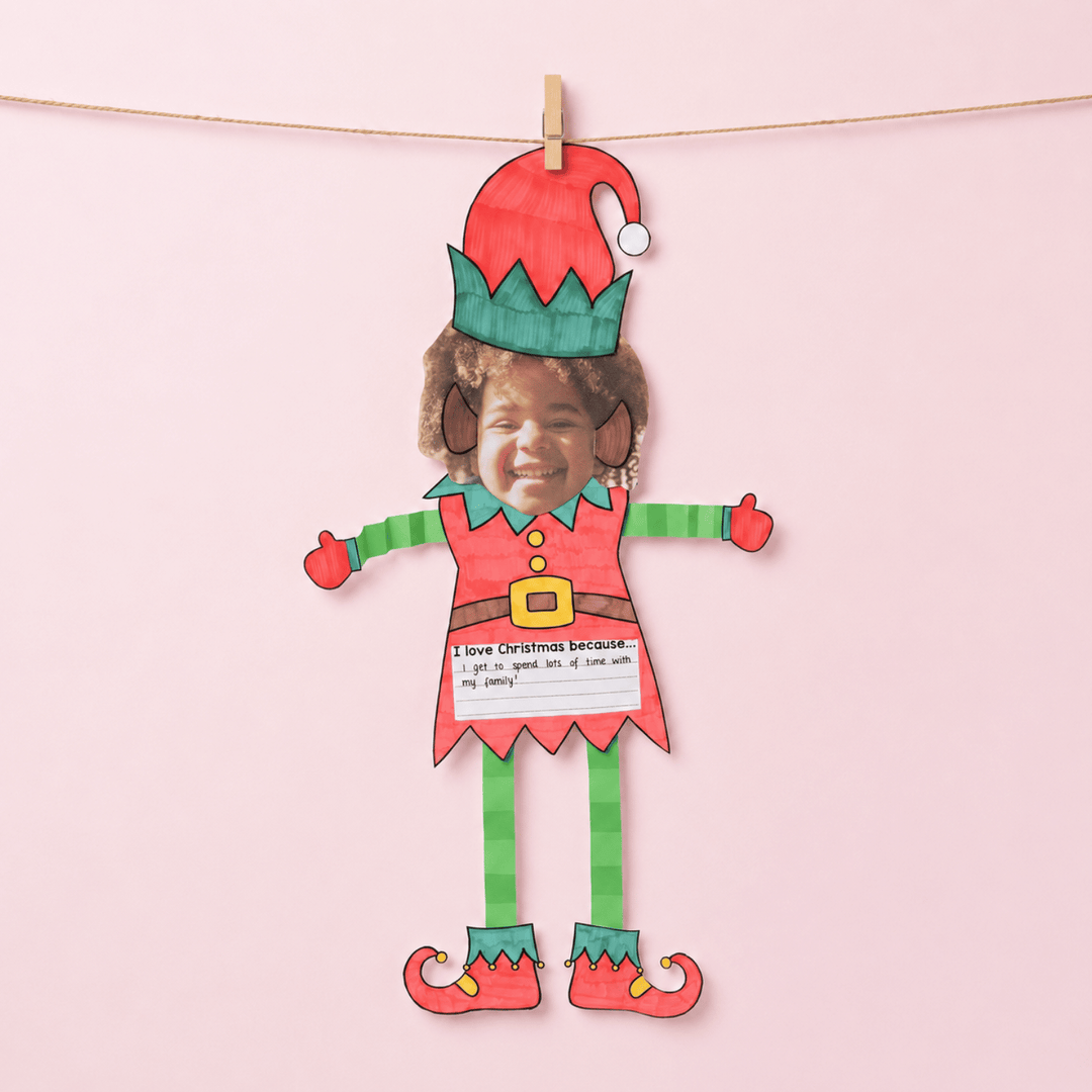 Christmas Elf craft template with photo space at top, "I love Christmas because..." prompt, and decorative elf illustration with text box at bottom.