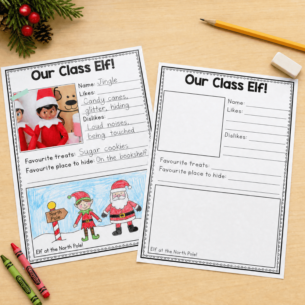 "Our Class Elf!" activity pack showing completed example with photo and blank template version for student completion.