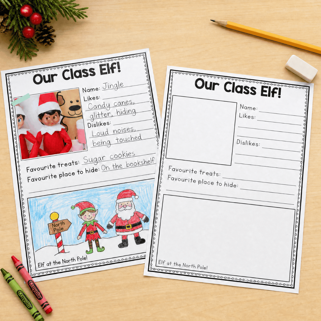 "Our Class Elf!" activity pack showing completed example with photo and blank template version for student completion.