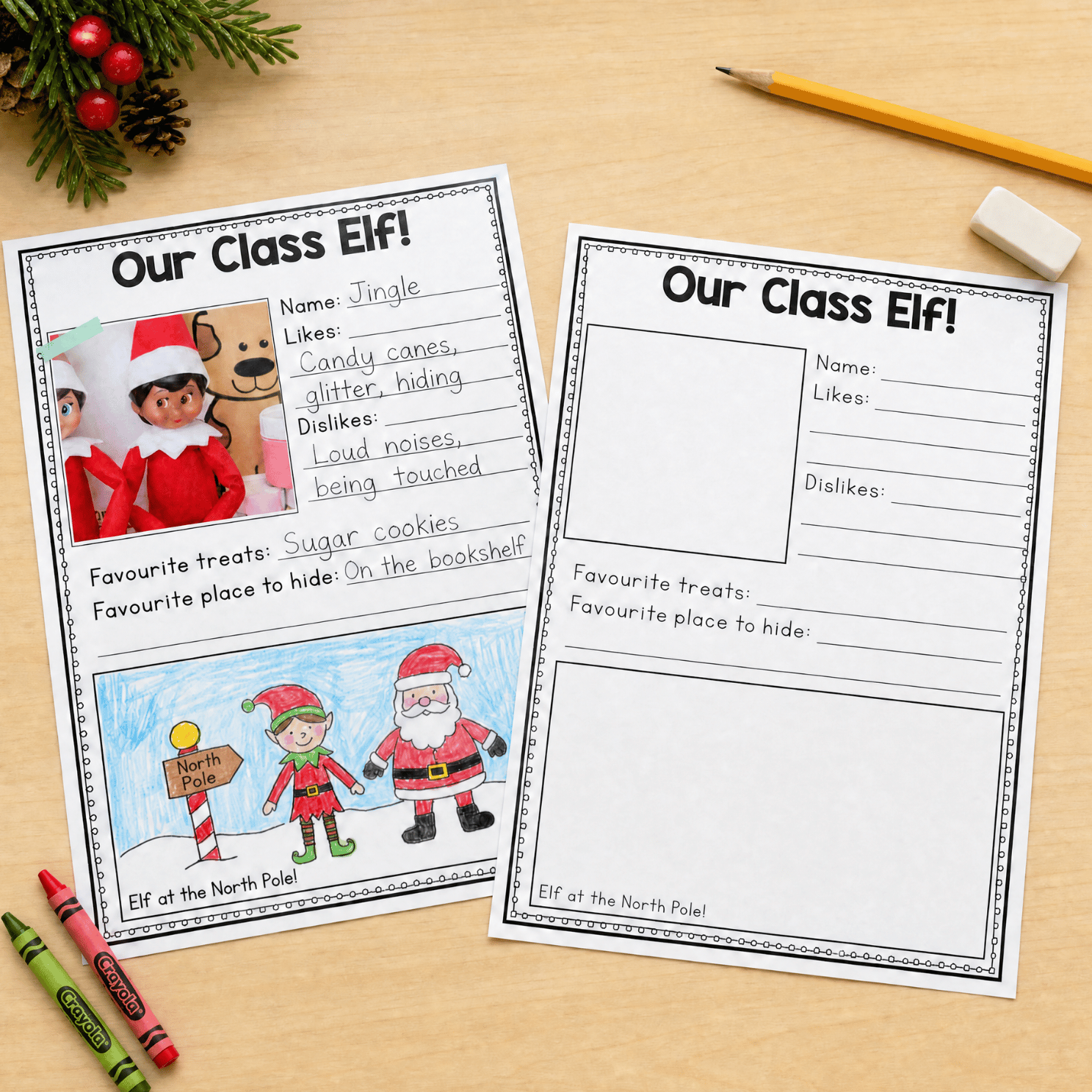 "Our Class Elf!" activity pack showing completed example with photo and blank template version for student completion.