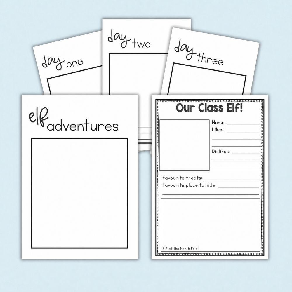 Elf Adventures activity pack showing Day One, Two, and Three templates plus blank title page with space for student drawings.