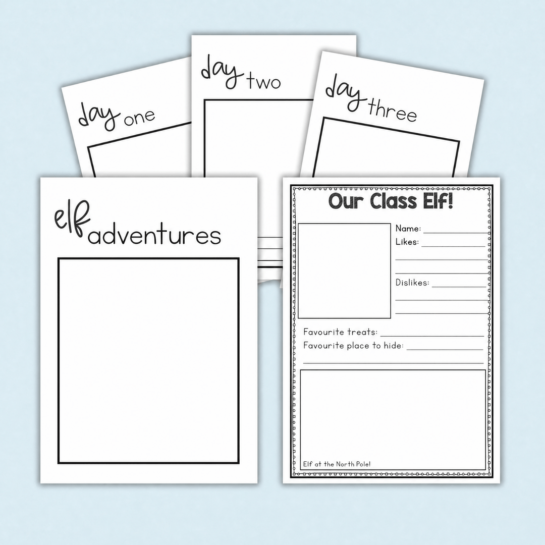 Elf Adventures activity pack showing Day One, Two, and Three templates plus blank title page with space for student drawings.