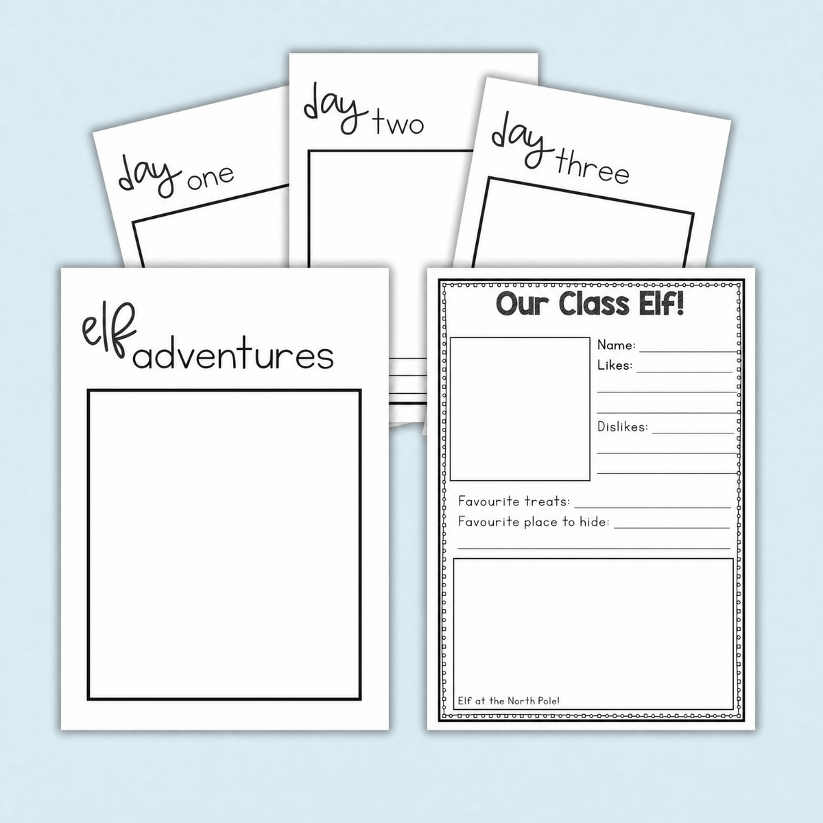 Elf Adventures activity pack showing Day One, Two, and Three templates plus blank title page with space for student drawings.